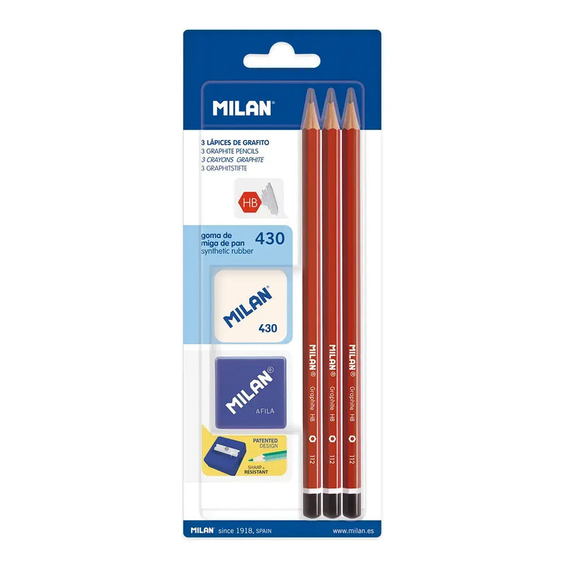 Milan Set 3 Lapices HB. goma miga de pan, sacapuntas BYM10016