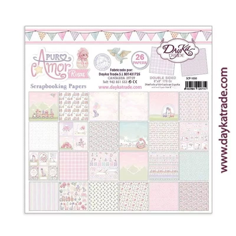 Dayka bloc Scrap scp-1050 26 papeles 20x20 Bebe "Puro amor" rosa DAYKA CENTROARTESANO