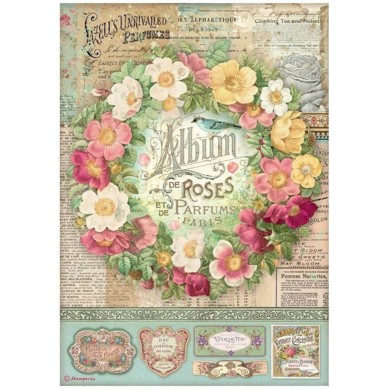 Stamperia papel arroz A4 DFSA4734 Rose perfum album de rosas STAMPERIA CENTROARTESANO