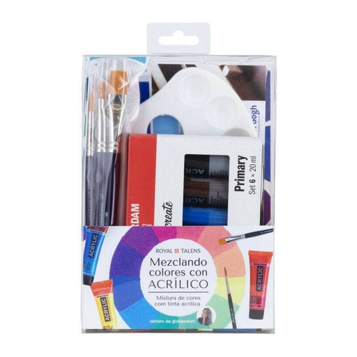 Kit acrilicos set 6 colores 3 pinceles, paleta plastico papel acuarela y manual TALENS Oferta CENTROARTESANO