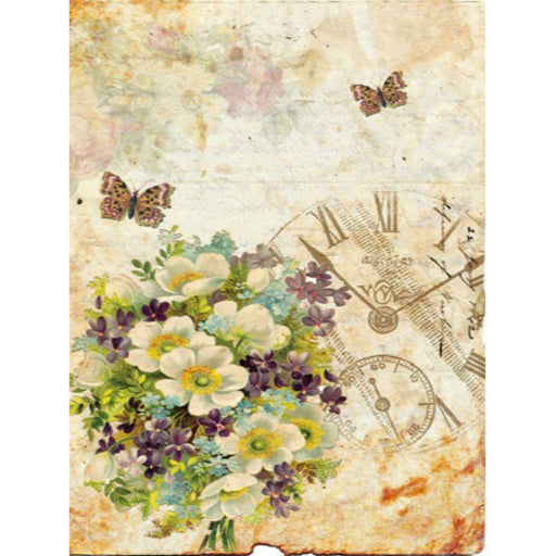 Calambour papel arroz 23x31 TT007 Reloj, flores, mariposas CALAMBOUR CENTROARTESANO