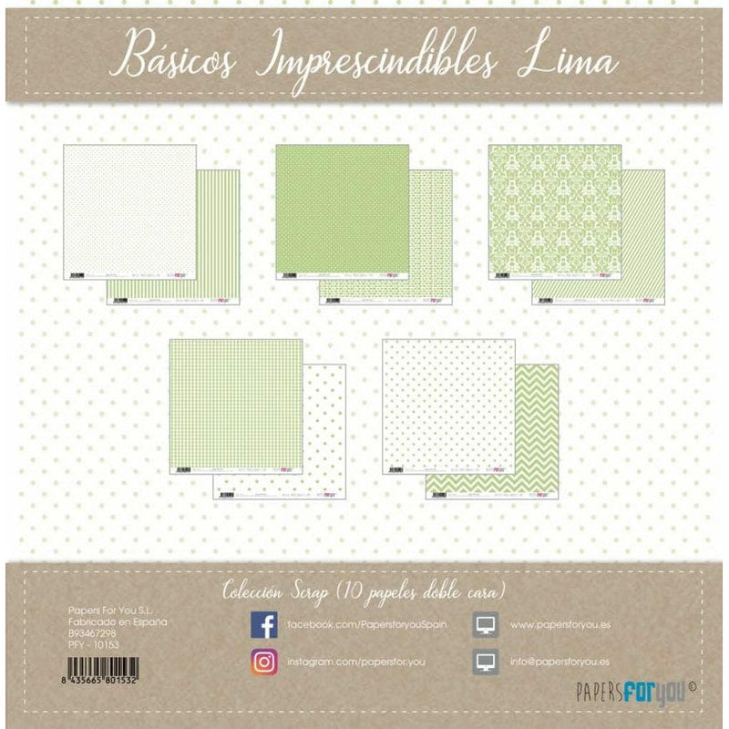 Papersforyou kit 10 papeles scrap PFY10153 Basicos Lima PAPERS FOR YOU CENTROARTESANO