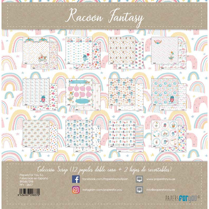 Papersforyou kit 12 papeles scrap+2 hojas recortables PFY2837 Racoon Fantasy Collection PAPERS FOR YOU CENTROARTESANO