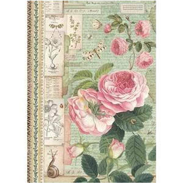 Stamperia papel arroz A4 DFSA4359 english roses with snail STAMPERIA CENTROARTESANO