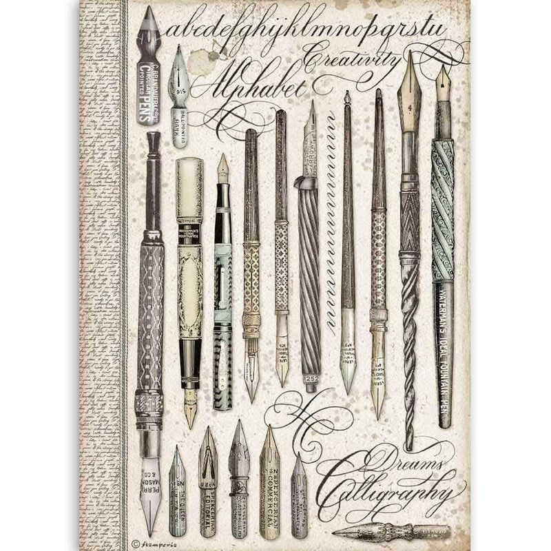 Stamperia papel arroz A4 DFSA4526 Calligraphy vintage pens STAMPERIA CENTROARTESANO