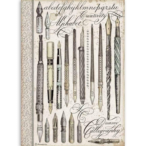 Stamperia papel arroz A4 DFSA4526 Calligraphy vintage pens STAMPERIA CENTROARTESANO