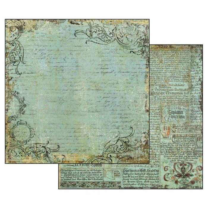 Stamperia papel scrap SBB527 alchemy manuscript turquoise background STAMPERIA CENTROARTESANO
